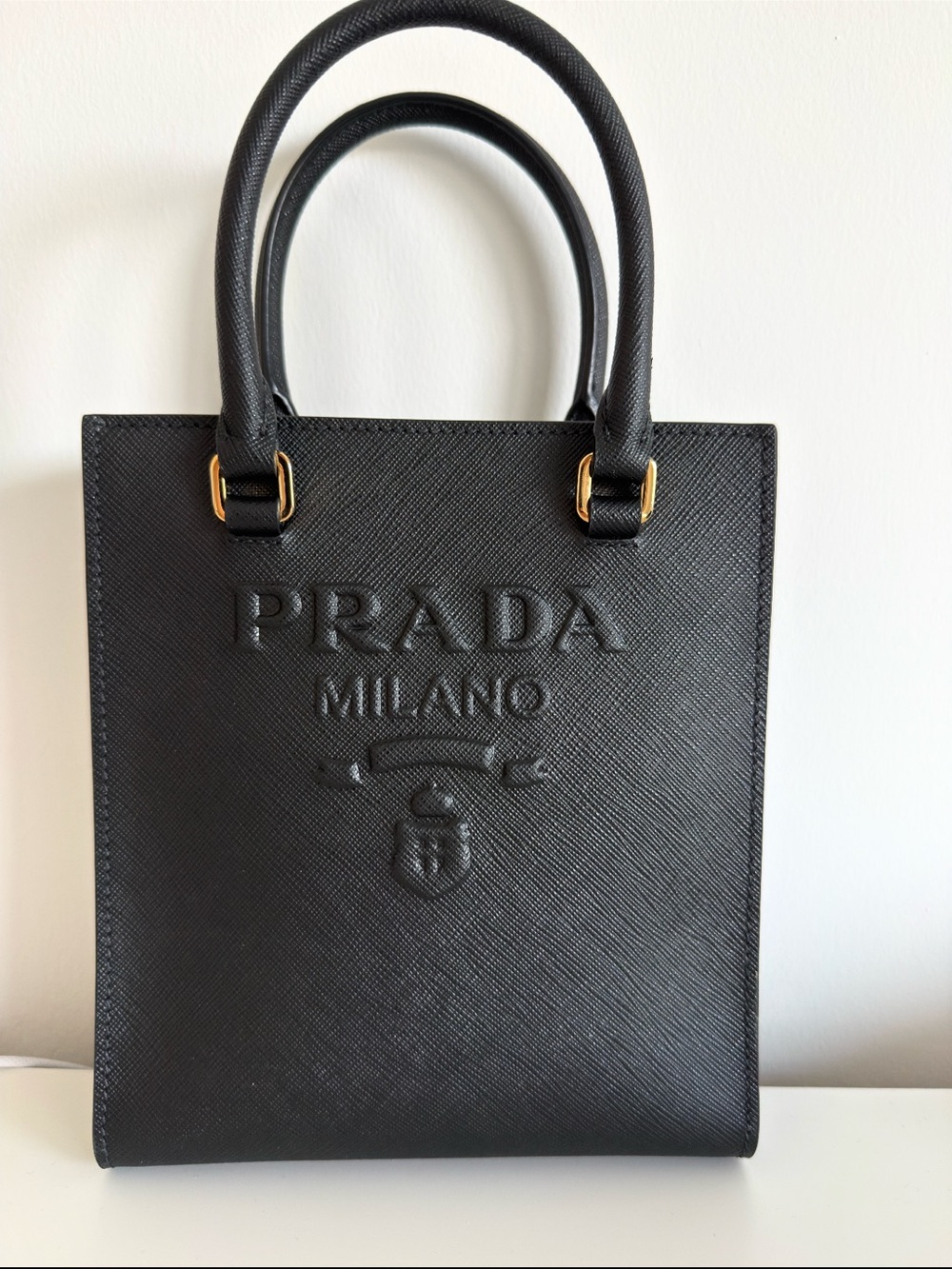 Prada Black Saffiano Leather Embossed Milano Top-Handle Bag